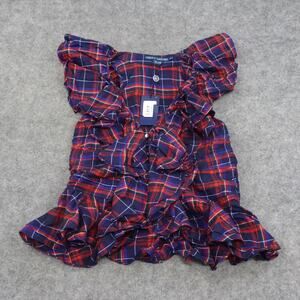 Ralph Lauren Top Womens 6 Ruffle Neck Shirt Blue Red White‎ Cotton Sleeveless C
